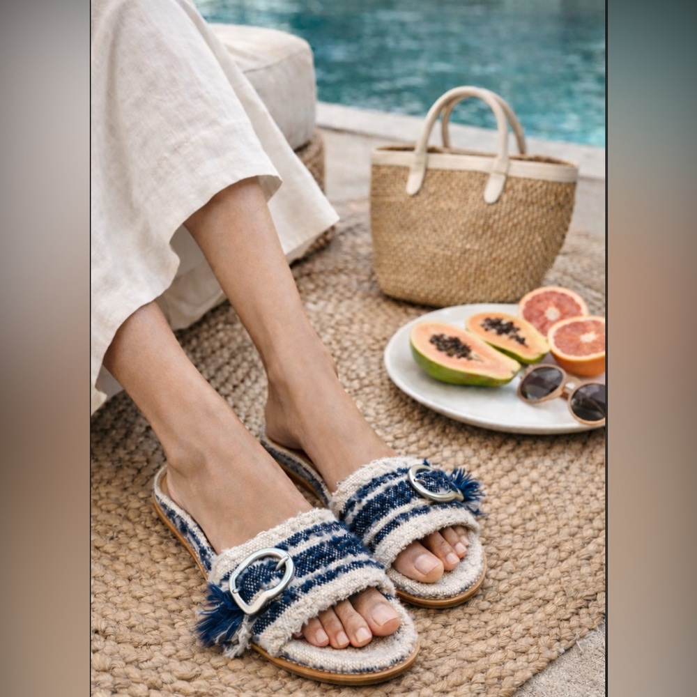 Dorothee Schumacher Tweed Slide Sandals | Blue & White | Sz 37‎